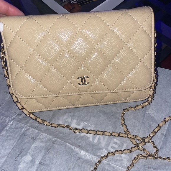 😍 Beige tan Quilted Crossbody Bag Wallet on chain Chanel logo - Picture 5 of 14